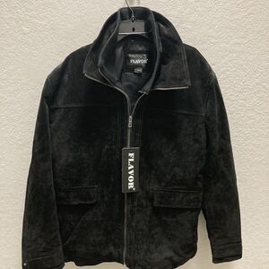 FLAVOR Men's XL Black Suede Leather Jacket with Inner Removable Collar EUR 54